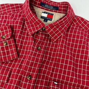 Tommy Hilfiger Men’s Lightweight Flannel Button Down Shirt Red Checked Sz Lg H7
